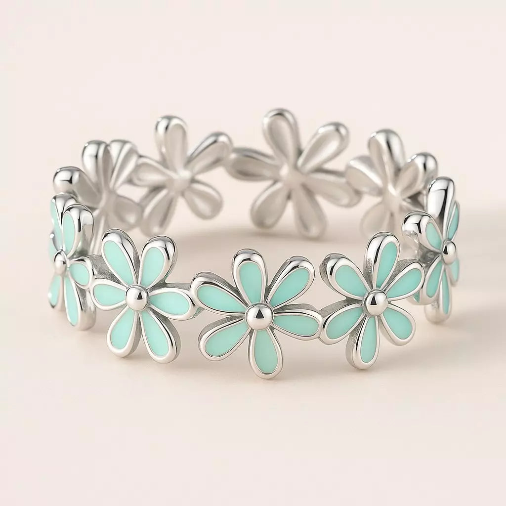 Anel Floral Verde em Prata 925