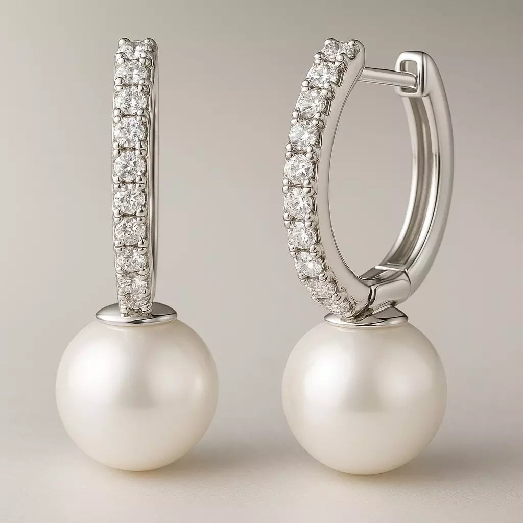 Brinco Shine Pearl com Moissanite em Prata 925 banhado a Ouro Branco