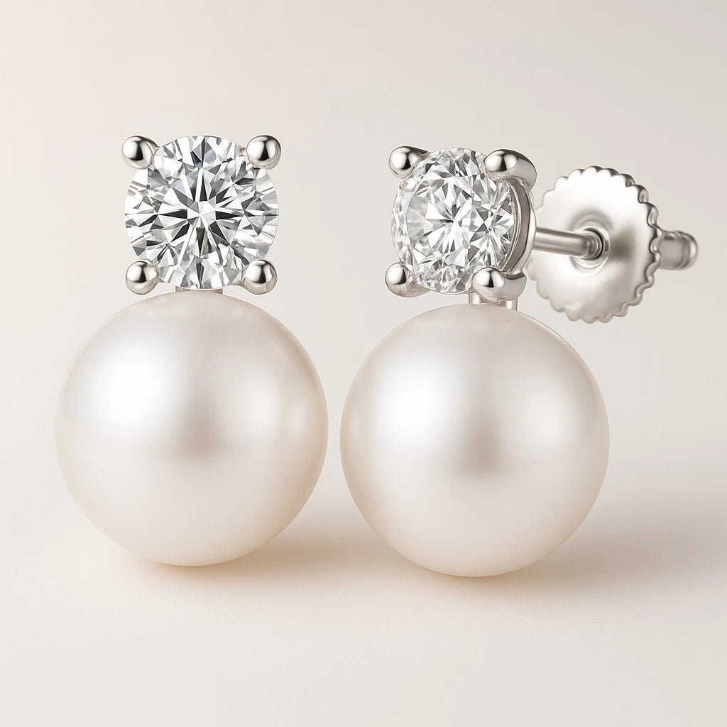 Brinco Pin Pearl com Moissanite em Prata 925 Banhado a Platina
