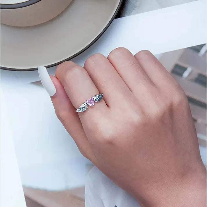 Anel Heart Wings Pink em Prata 925 com Zircônia