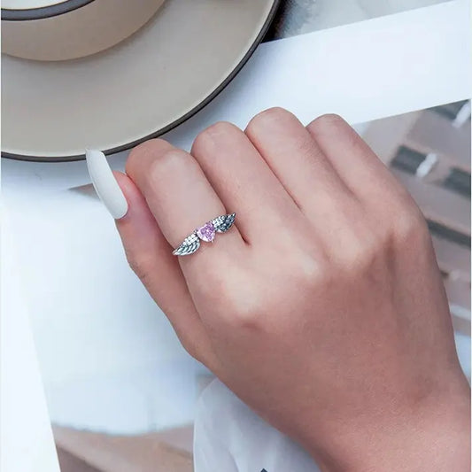 Anel Heart Wings Pink em Prata 925 com Zircônia