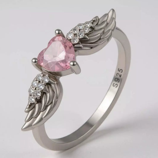 Anel Heart Wings Pink em Prata 925 com Zircônia