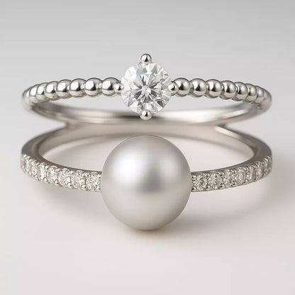 Anel Duo Essence Pearl com Moissanite e Pérola