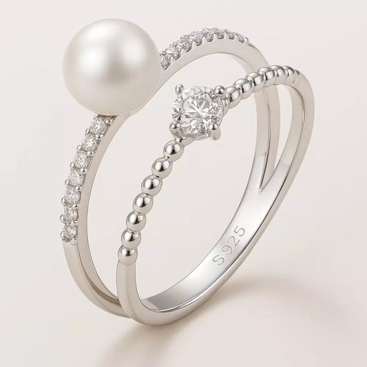 Anel Duo Essence Pearl com Moissanite e Pérola