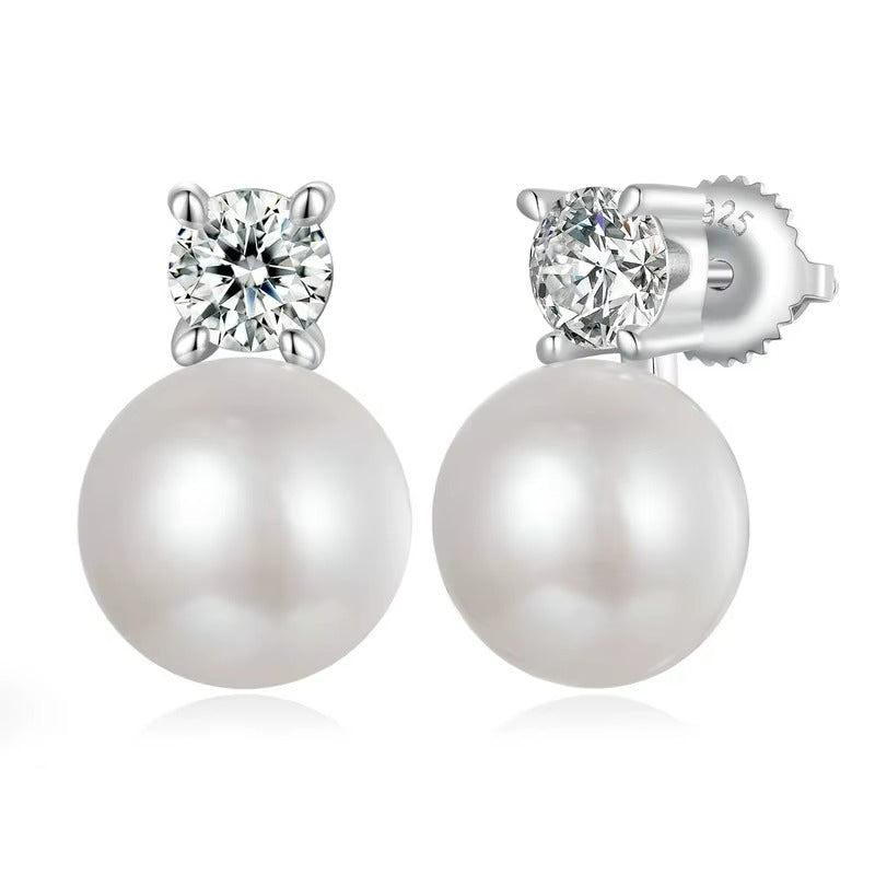 Brinco Pin Pearl com Moissanite em Prata 925 Banhado a Platina